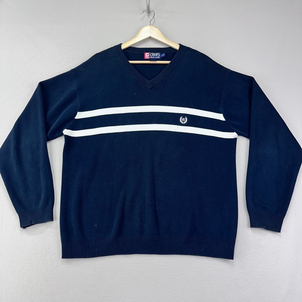 Vintage Y2K‎ Chaps Ralph Lauren Sweater Men's L Blue Striped Preppy Tennis Prep